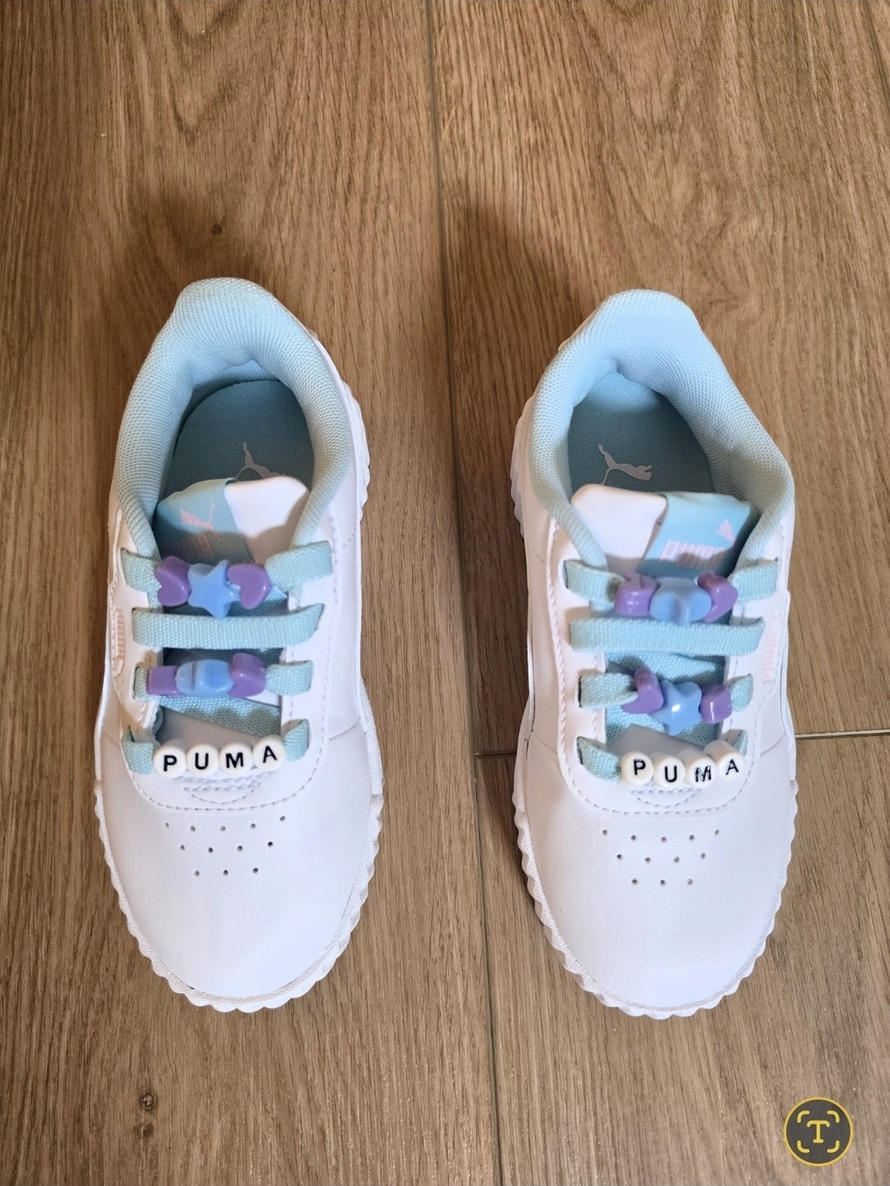 Puma Kids Carina 3.0 White Sneakers with Light Blue Lining and Purple Accents